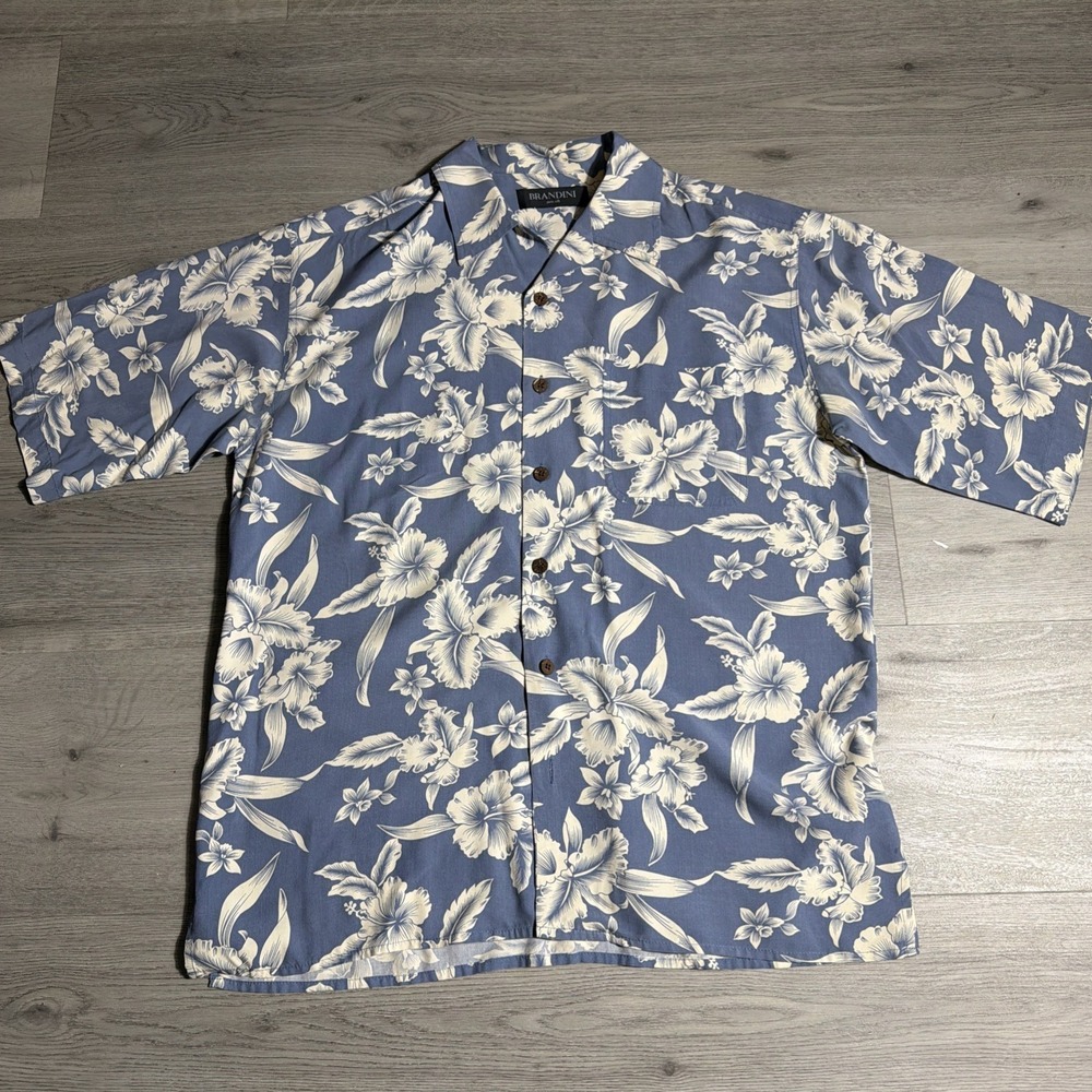 Brandini 100% Silk Hawaiian Shirt Mens M Blue‎ Floral Aloha Camp Button Up